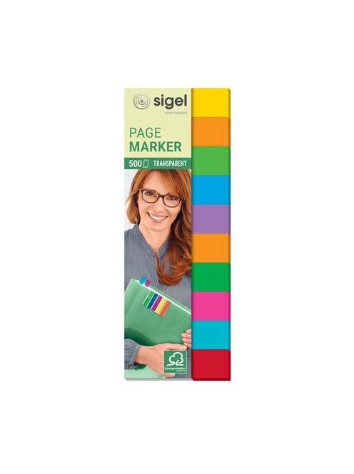 SIGEL Jelölőcímke, műanyag, 10x50 lap, 44x12,5 mm, SIGEL, vegyes színek