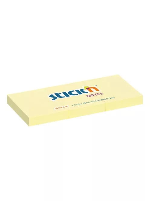 STICK N Öntapadó jegyzettömb, 38x51 mm, 3x100 lap, STICK N, pasztellsárga
