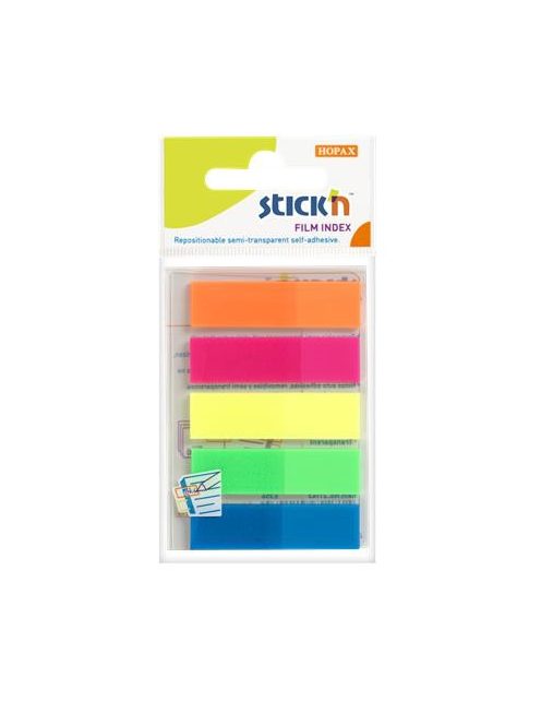 STICK N Jelölőcímke, műanyag, 5x25 lap, 45x12 mm, STICK N, neon színek