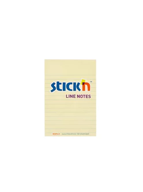 STICK N Öntapadó jegyzettömb, vonalas, 152x101 mm, 100 lap, STICK N, pasztellsárga
