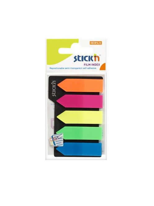 STICK N Jelölőcímke, műanyag, nyíl, 5x25 lap, 42x12mm, STICK N, neon színek