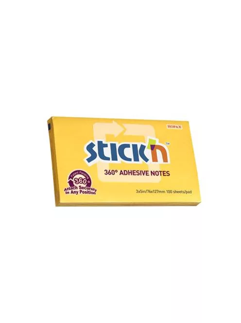 STICK N Öntapadó jegyzettömb, 76x127 mm, 100 lap, STICK N „360°, sárga
