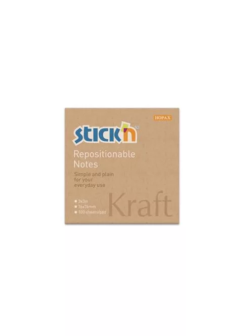 STICK N Öntapadó jegyzettömb, 76x76 mm, 100 lap, STICK N "Kraft Notes", barna