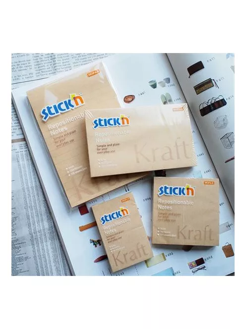 STICK N Öntapadó jegyzettömb, 76x76 mm, 100 lap, STICK N "Kraft Notes", barna