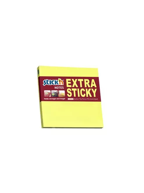 STICK N Öntapadó jegyzettömb, 76x76 mm, 90 lap, STICK N "Extra Sticky", neon sárga