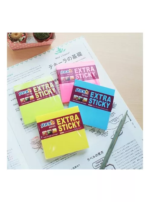 STICK N Öntapadó jegyzettömb, 76x76 mm, 90 lap, STICK N "Extra Sticky", neon sárga