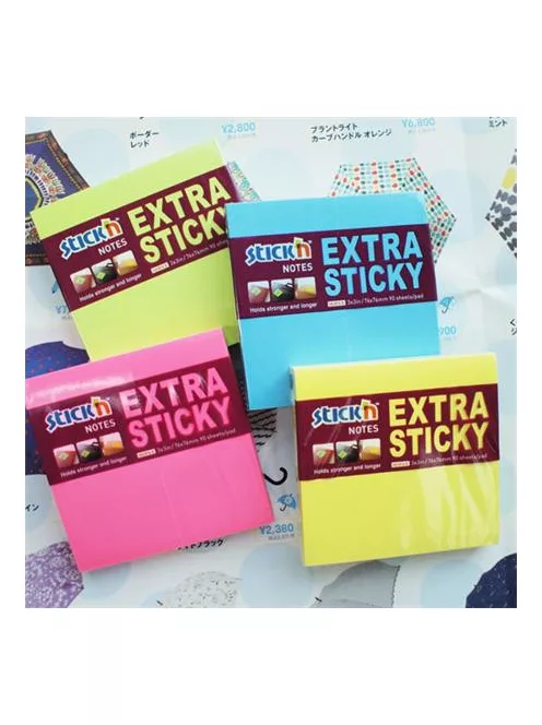 STICK N Öntapadó jegyzettömb, 76x76 mm, 90 lap, STICK N "Extra Sticky", neon sárga