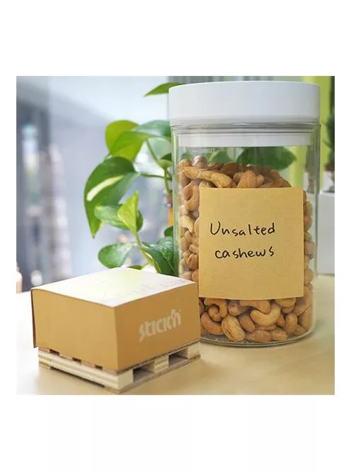 STICK N Öntapadó jegyzettömb, 76x76 mm, 400 lap, mini raklap, STICK N "Kraft Cube", barna