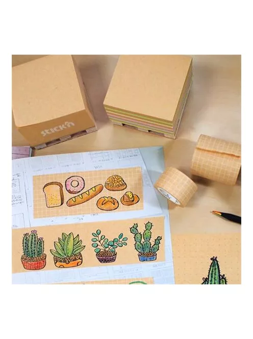 STICK N Öntapadó jegyzettömb, 76x76 mm, 400 lap, mini raklap, STICK N "Kraft Cube", vegyes színek