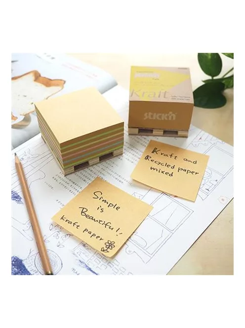 STICK N Öntapadó jegyzettömb, 76x76 mm, 400 lap, mini raklap, STICK N "Kraft Cube", vegyes színek