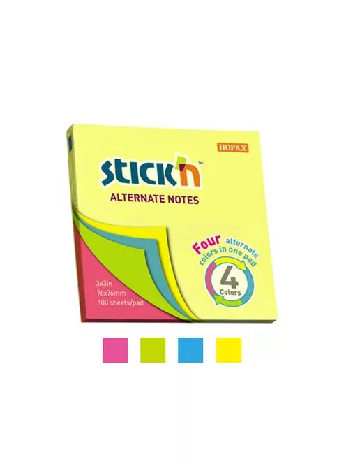 STICK N Öntapadó jegyzettömb, 76x76 mm, 100 lap, STICK N, neon színek