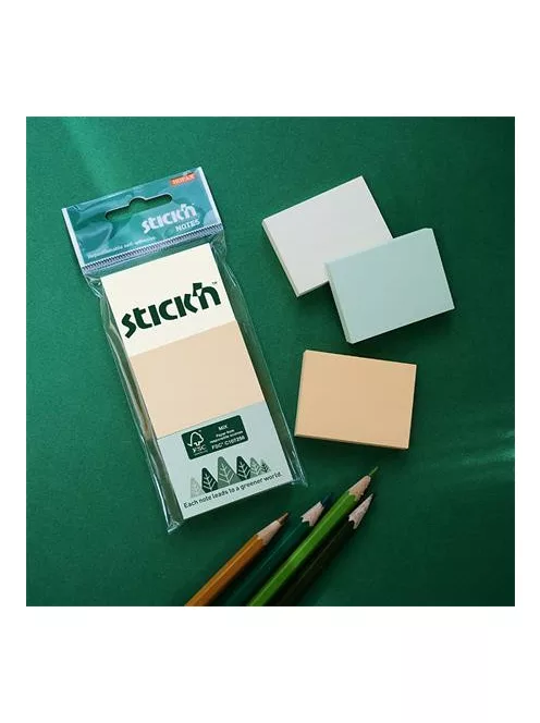 STICK N Öntapadó jegyzettömb, 38x51 mm, 3x100 lap, STICK N, pasztell színek