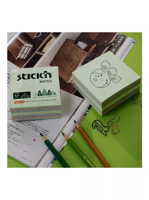 STICK N Öntapadó kockatömb, 76x76mm, 400 lap, STICK N, erdő színei pasztell mix