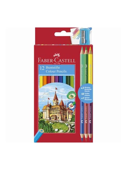 FABER-CASTELL Színes ceruza készlet, hatszögletű, FABER-CASTELL, 12 különböző szín + 3 db bicolor ceruza