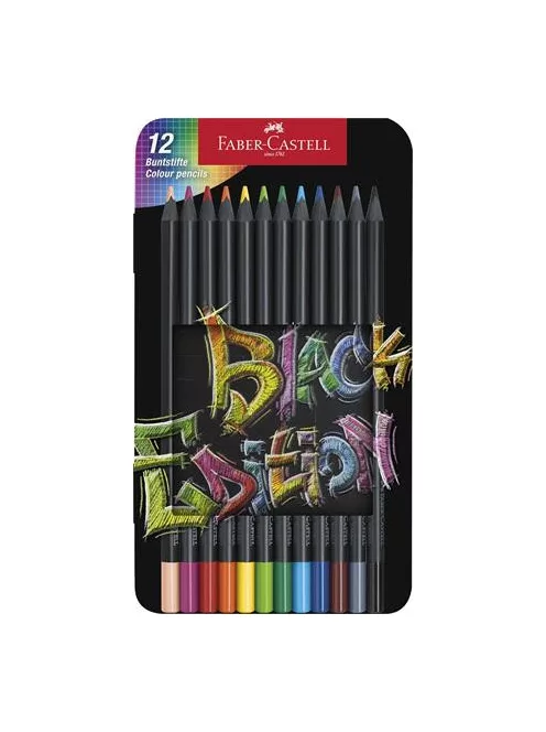 FABER-CASTELL Színes ceruza készlet, háromszögletű, fémdobozban, FABER-CASTELL "Black Edition",  12 különböző szín