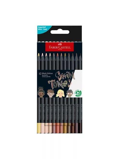 FABER-CASTELL Színes ceruza készlet, háromszögletű, FABER-CASTELL "Black Edition",  12 különböző bőrszín