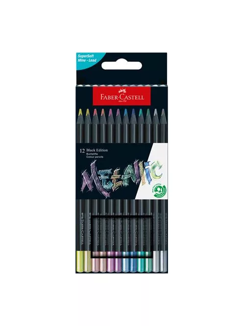FABER-CASTELL Színes ceruza készlet, háromszögletű, FABER-CASTELL "Black Edition",  12 különböző metál szín