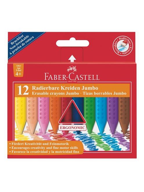FABER-CASTELL Zsírkréta, háromszögletű, FABER-CASTELL "Jumbo Grip", 12 különböző szín