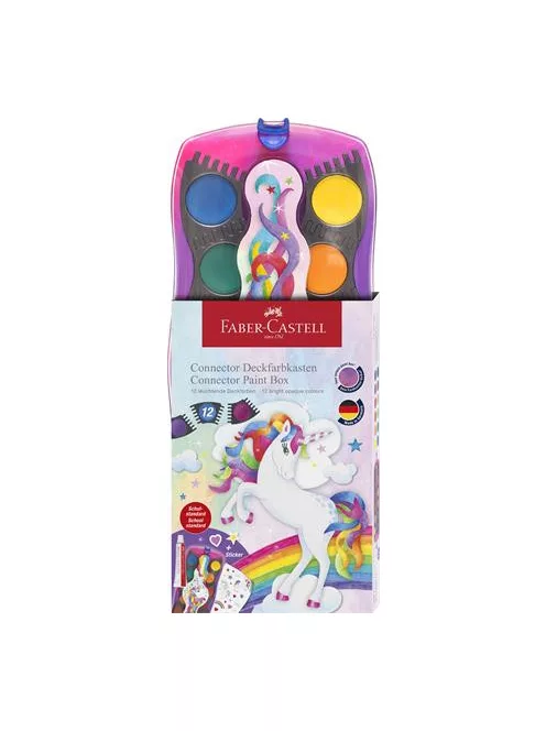 FABER-CASTELL Vízfesték, 12 darabos, összeilleszthető, FABER-CASTELL "Unikornis"+1 tubus fehér tempera+unikornis matrica