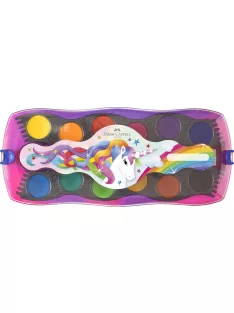   FABER-CASTELL Vízfesték, 12 darabos, összeilleszthető, FABER-CASTELL "Unikornis"+1 tubus fehér tempera+unikornis matrica