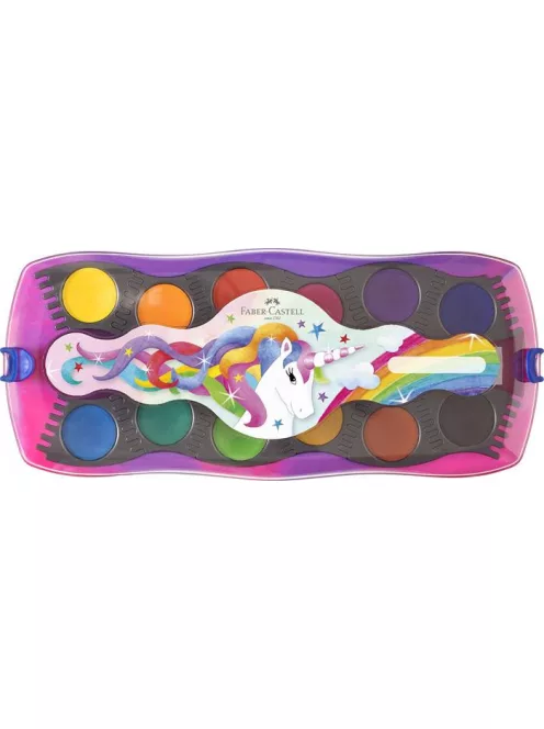 FABER-CASTELL Vízfesték, 12 darabos, összeilleszthető, FABER-CASTELL "Unikornis"+1 tubus fehér tempera+unikornis matrica