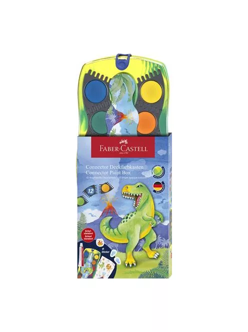 FABER-CASTELL Vízfesték, 12 darabos, összeilleszthető, FABER-CASTELL "Dinoszaurusz"+1 tubus fehér tempera + dinoszaurusz matrica