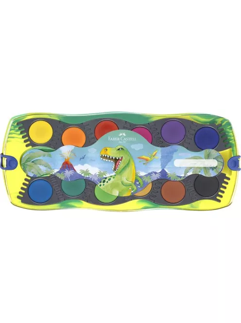 FABER-CASTELL Vízfesték, 12 darabos, összeilleszthető, FABER-CASTELL "Dinoszaurusz"+1 tubus fehér tempera + dinoszaurusz matrica
