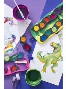 FABER-CASTELL Vízfesték, 12 darabos, összeilleszthető, FABER-CASTELL "Dinoszaurusz"+1 tubus fehér tempera + dinoszaurusz matrica