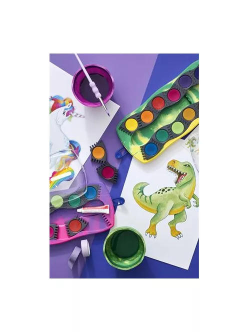 FABER-CASTELL Vízfesték, 12 darabos, összeilleszthető, FABER-CASTELL "Dinoszaurusz"+1 tubus fehér tempera + dinoszaurusz matrica