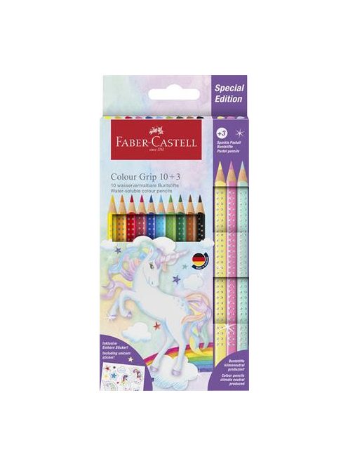 FABER-CASTELL Színes ceruza készlet, háromszögletű, FABER-CASTELL "Grip", 13 különböző szín, unikornis