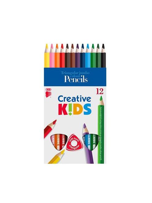 ICO Színes ceruza készlet, háromszögletű, vastag, ICO "Creative kids", 12 különböző szín