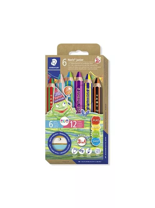 STAEDTLER Színes ceruza készlet, duo színű, hegyezővel, STAEDTLER "Noris® junior 140", 6 különböző szín