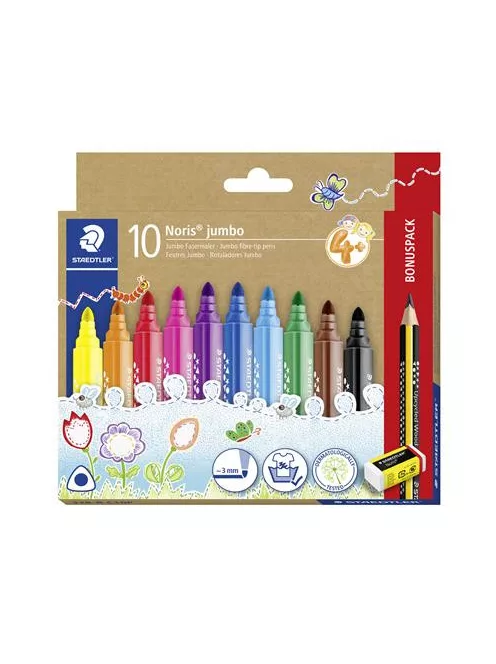STAEDTLER Filctoll készlet, grafitceruzával, radírral, 3 mm, háromszögletű, STAEDTLER "Noris® jumbo 328", 10+1 szín