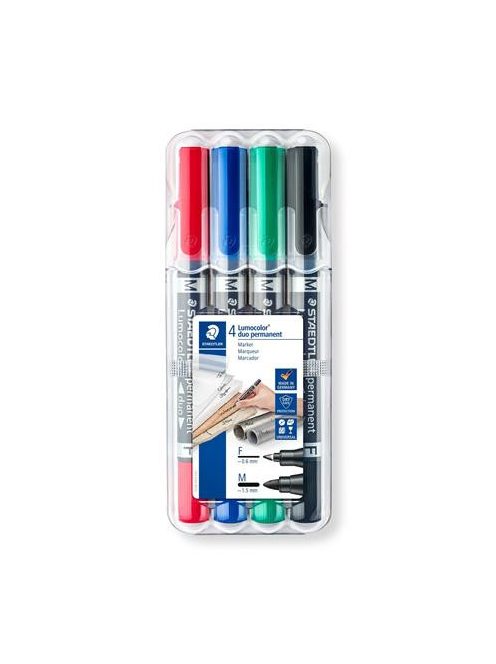 STAEDTLER Alkoholos marker készlet, 0,6/1,5 mm, kúpos, kétvégű, STAEDTLER "Lumocolor® duo 348", 4 különböző szín