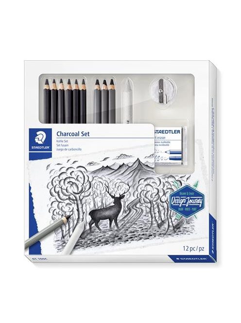 STAEDTLER Grafit- és szénceruza készlet, kiegészítőkkel, 12 darabos, STAEDTLER "Mars® Lumograph® 100C"