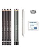 STAEDTLER Grafit- és szénceruza készlet, kiegészítőkkel, 12 darabos, STAEDTLER "Mars® Lumograph® 100C"