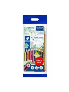   STAEDTLER Színes ceruza készlet, hatszögletű, ajándék grafitceruzával és radírral, STAEDTLER "Noris 185", 12 különböző szín