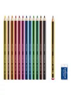   STAEDTLER Színes ceruza készlet, hatszögletű, ajándék grafitceruzával és radírral, STAEDTLER "Noris 185", 12 különböző szín