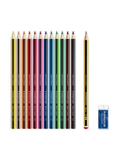 STAEDTLER Színes ceruza készlet, hatszögletű, ajándék grafitceruzával és radírral, STAEDTLER "Noris 185", 12 különböző szín