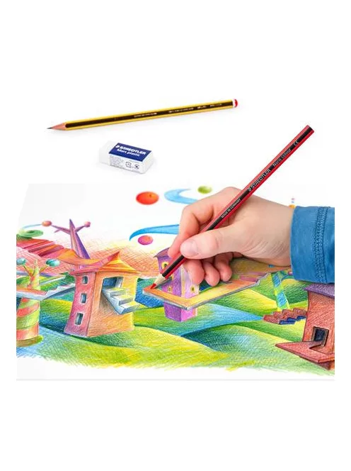 STAEDTLER Színes ceruza készlet, hatszögletű, ajándék grafitceruzával és radírral, STAEDTLER "Noris 185", 12 különböző szín