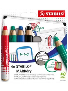   STABILO Táblaceruza készlet, fehértáblához, flipchartpapírhoz kúpos, STABILO "MARKdry", 4 féle szín törlővel és hegyezővel