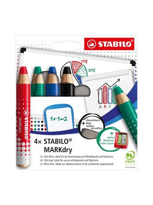 STABILO Táblaceruza készlet, fehértáblához, flipchartpapírhoz kúpos, STABILO "MARKdry", 4 féle szín törlővel és hegyezővel