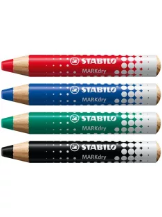   STABILO Táblaceruza készlet, fehértáblához, flipchartpapírhoz kúpos, STABILO "MARKdry", 4 féle szín törlővel és hegyezővel