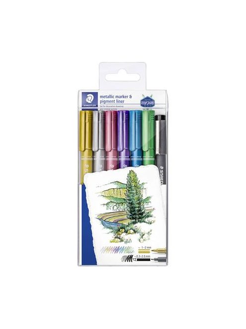 STAEDTLER Dekormarker, 1-2 mm, kúpos, STAEDTLER "8323", 6 különböző metál szín, ajándék fekete tusfilccel