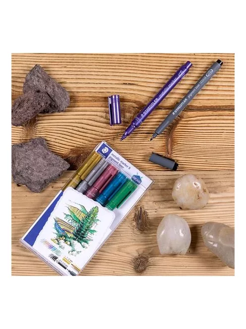 STAEDTLER Dekormarker, 1-2 mm, kúpos, STAEDTLER "8323", 6 különböző metál szín, ajándék fekete tusfilccel