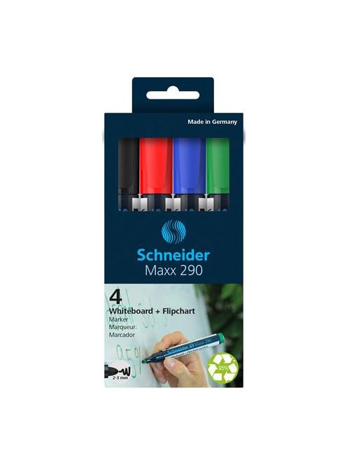 SCHNEIDER Tábla- és flipchart marker készlet, 2-3 mm, kúpos, SCHNEIDER "Maxx 290", 4 különböző szín