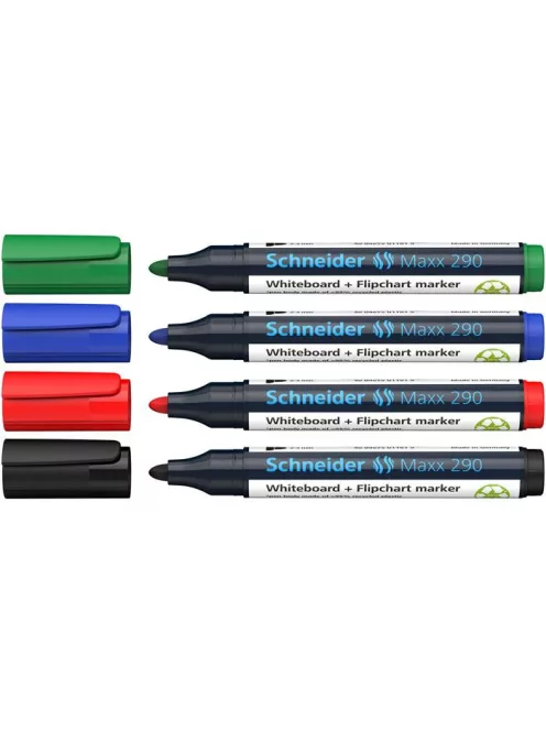 SCHNEIDER Tábla- és flipchart marker készlet, 2-3 mm, kúpos, SCHNEIDER "Maxx 290", 4 különböző szín