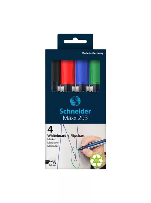 SCHNEIDER Tábla- és flipchart marker készlet, 2-5 mm, vágott, SCHNEIDER "Maxx 293", 4 különböző szín