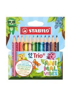  STABILO Színes ceruza készlet, háromszögletű, vastag, STABILO "Trio Thick Short Animal Vibes", 12 különböző szín