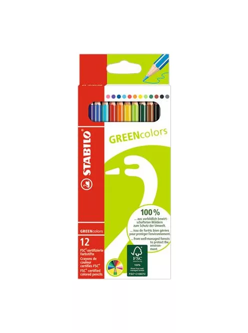 STABILO Színes ceruza készlet, hatszögletű, STABILO "GreenColors", 12 különböző szín